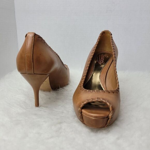 Gucci Brown Leather Whipstitch Trim Pumps Open Toe 264984 Heel Shoes Size 7 US - Picture 6 of 10